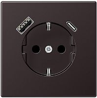 Розетка с заземлением +2хUSB тип A+C без рамки Jung LS990 metal 1-м. алюминий темный картинка